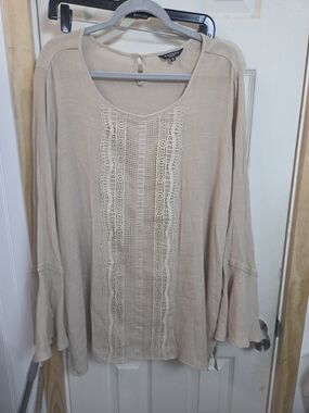 Boho Fall Tunic Top Hannah Beige Crochet-Front Long Sleeve